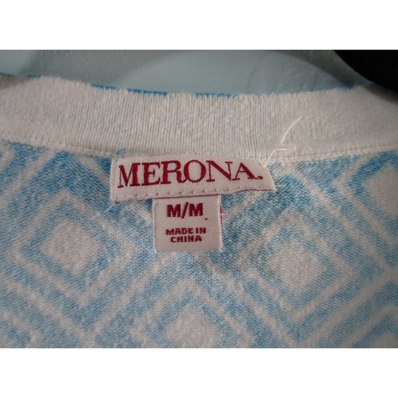 Merona Bright Blue White Diamond Pattern V Neck Ladies Medium Cardigan - Picture 3 of 8